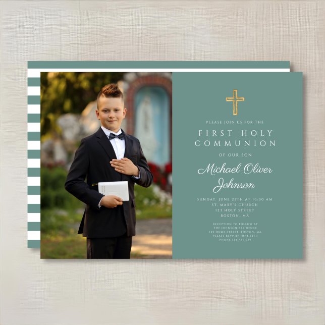 Invitation Croix verte moderne Photo Boy First Communion (Modern Green Cross Photo Boy First Communion Invitation)