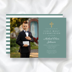 Invitation Croix verte moderne Photo Boy First Communion
