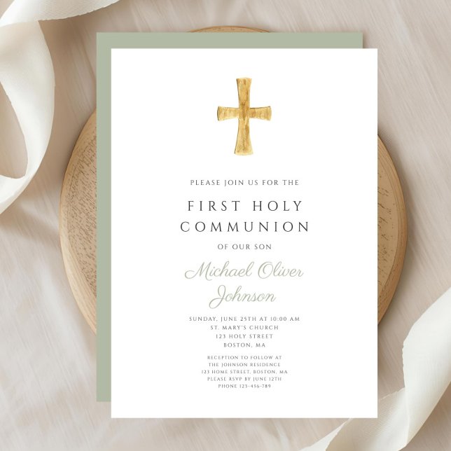 Invitation Croix verte moderne Sage Première communion (Modern Sage Green Cross First Communion Invitation )