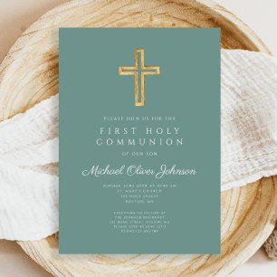 Invitation Croix Verte Religieux Garçon Première Communion