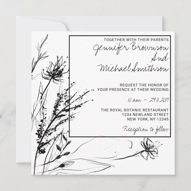 Invitation Croquis botanique de fleur noir blanc (Devant)