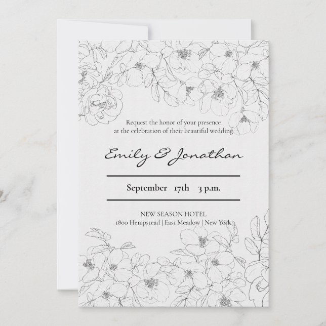 Invitation Croquis crayon floral | Mariage minimaliste (Devant)