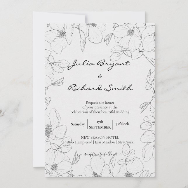 Invitation Croquis crayon floral | Mariage minimaliste Peony (Devant)
