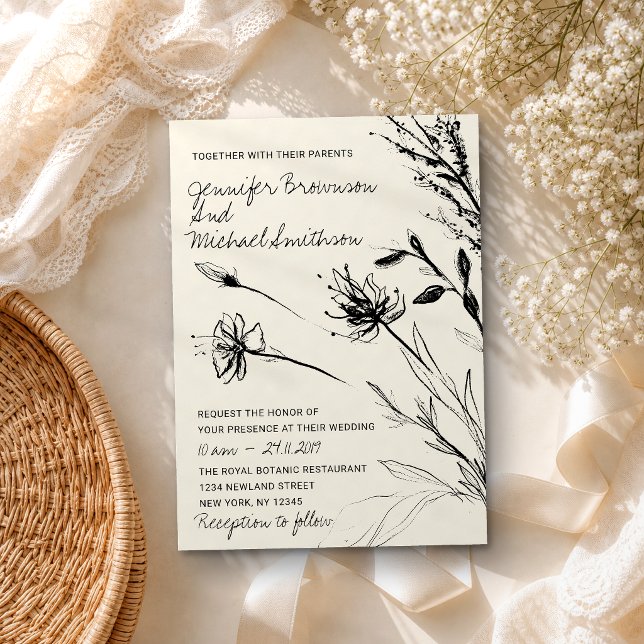 Invitation Croquis de fleur botanique papier rétro dessiné à  (Créateur téléchargé)