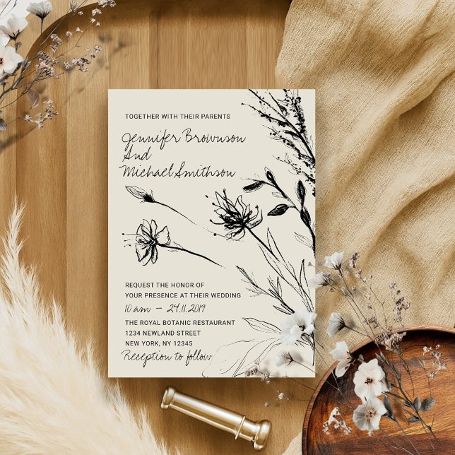 Invitation Croquis de fleur botanique papier rétro dessiné à  (Créateur téléchargé)