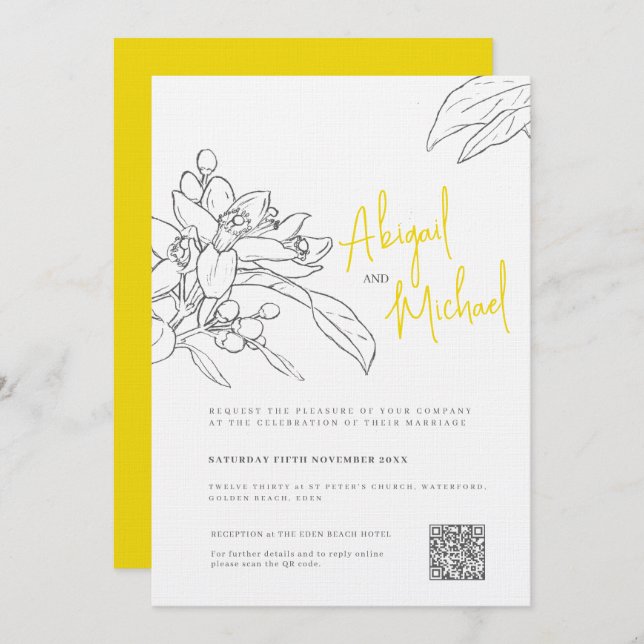 Invitation Croquis de fleur de citron gris jaune mariage (Devant / Derrière)