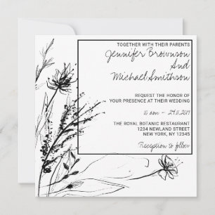 Invitation Croquis de fleurs blanches noires Botanique
