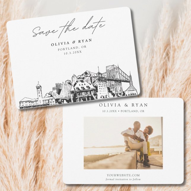 Invitation Croquis de la skyline de Portland pour un Save the (Portland Save the Date Black and White Skyline with Engagement Photo)
