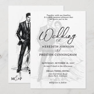 Invitation Croquis de mode moderne au fusain couple mariage