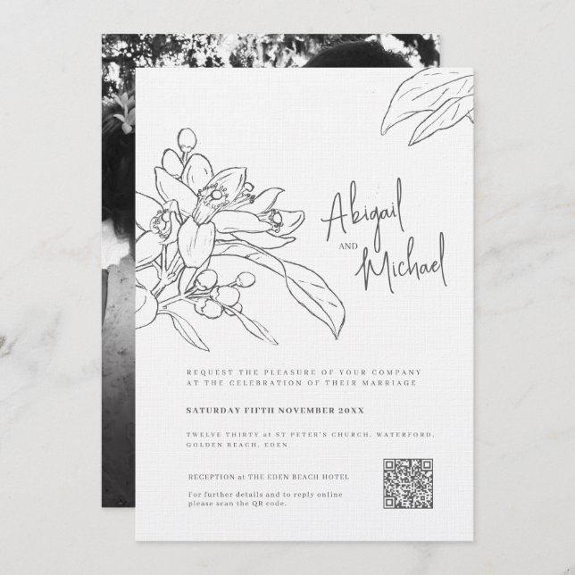 Invitation Croquis en fleurs orange mariage photo mono (Devant / Derrière)