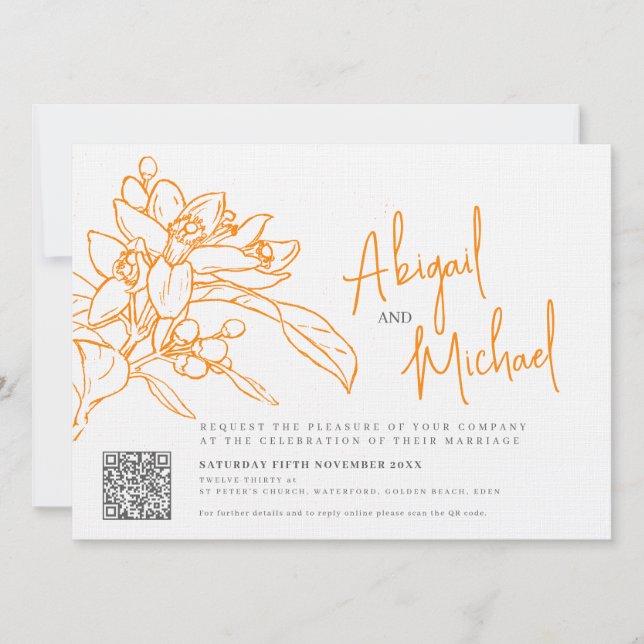 Invitation Croquis en fleurs orange mariage photo orange (Devant)