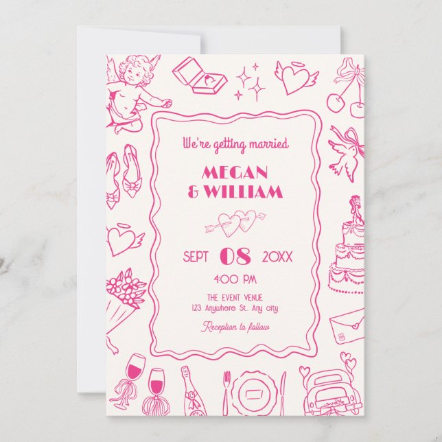 Invitation Croquis en Mariage rose amusant (Devant)