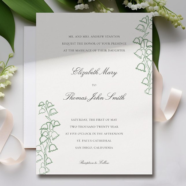 Invitation Croquis floral Cadre Lily Valley Mariage officiel (lily of the valley wedding invitation formal traditional elegant green floral sketch fine art drawn )