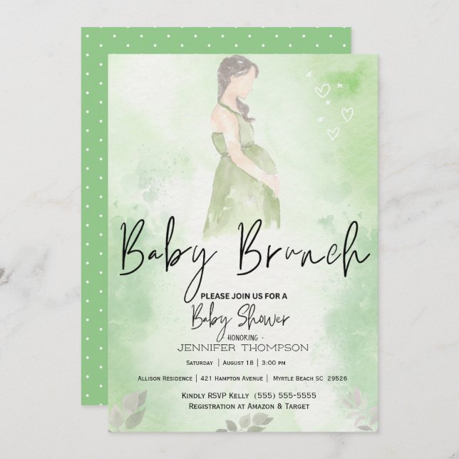Invitation Croquis Maman Baby shower de Brunch pour bébé vert (Devant / Derrière)