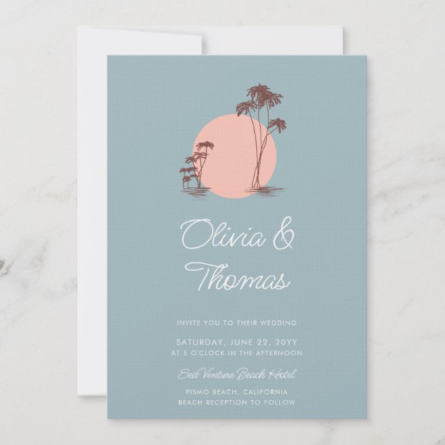Invitation Croquis moderne Palmiers Dusty Blue Beach Wedding (Devant)