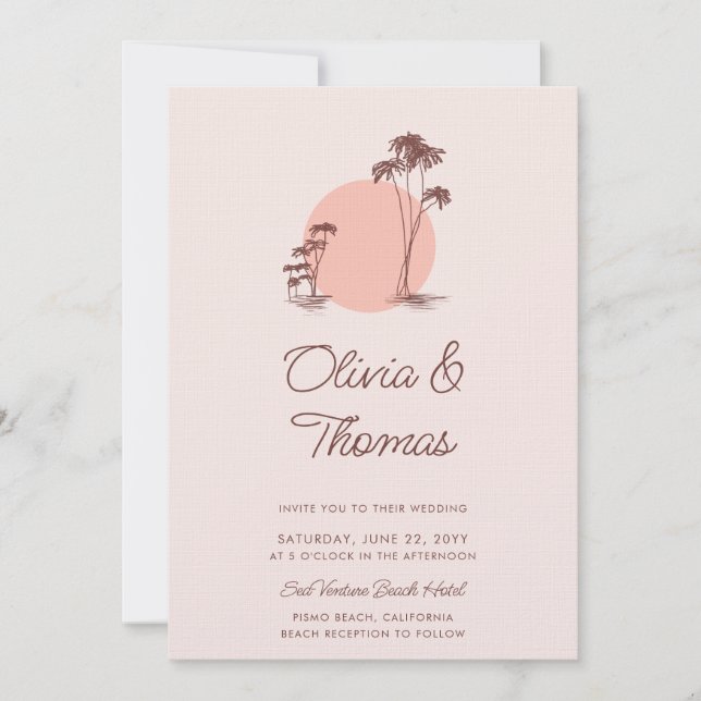 Invitation Croquis moderne Palmiers roses Mariage simple plag (Devant)