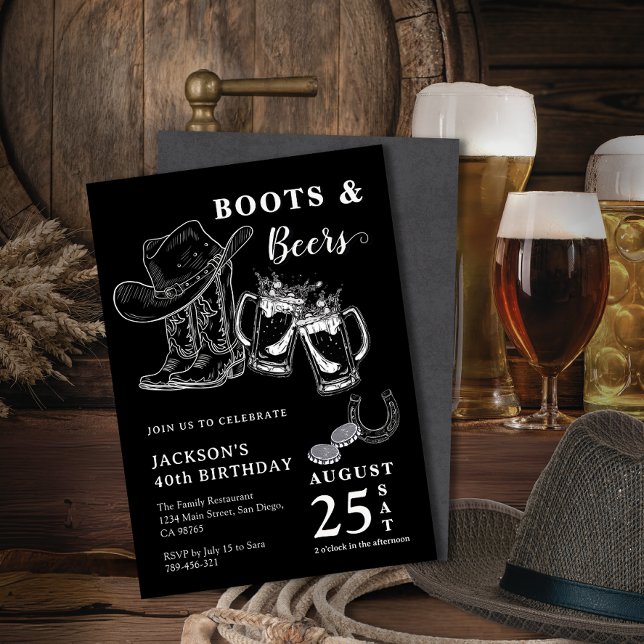 Invitation Croquis Rustique À La Main Bottes & Bières À Tout  (Rustic Hand Sketch Boots & Beers Any Age Birthday Invitation)