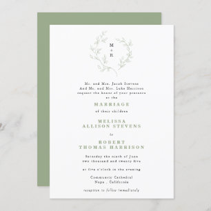 Invitation Croquis simple Monogramme de couronne Mariage vert