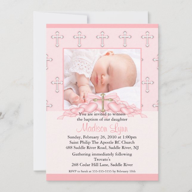 Invitation Cross & Hearts Photo Christening Inviation (Devant)