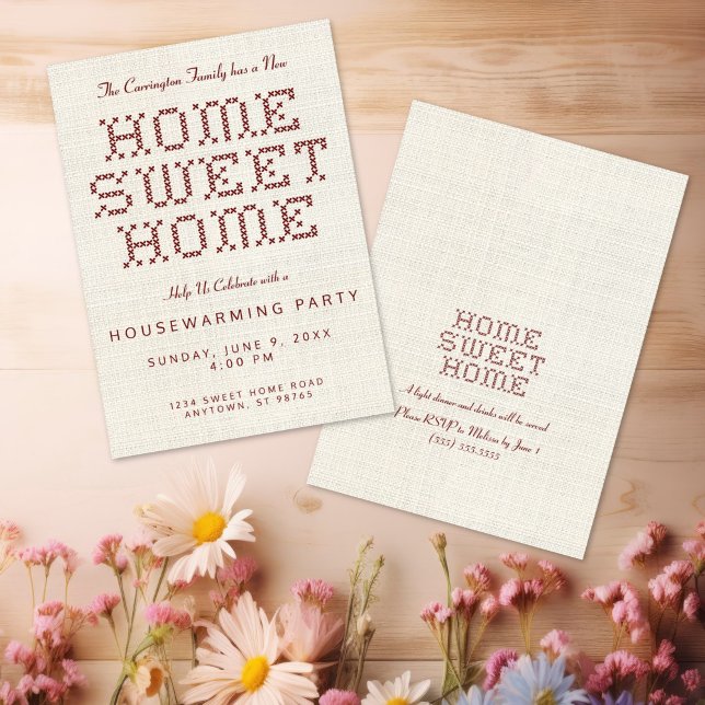 Invitation Cross-Stitch Home Sweet Home Chauffage domestique  (Rustic and Charming Faux Cross Stitch Home Sweet Home Burgundy Housewarming Invitation)