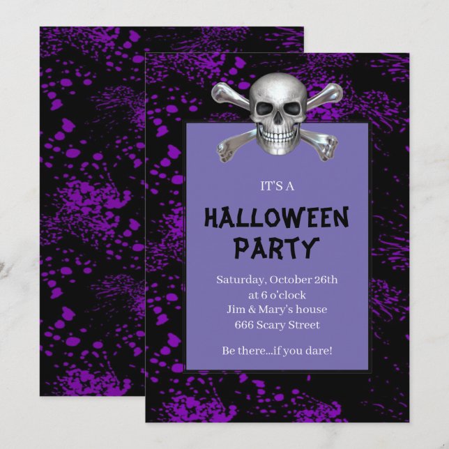 Invitation Crossbones de crâne violet éclaboussé Halloween Pa (Devant / Derrière)