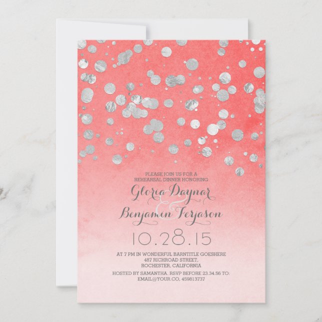 Invitation croûte d'argent confetti corail rose (Devant)