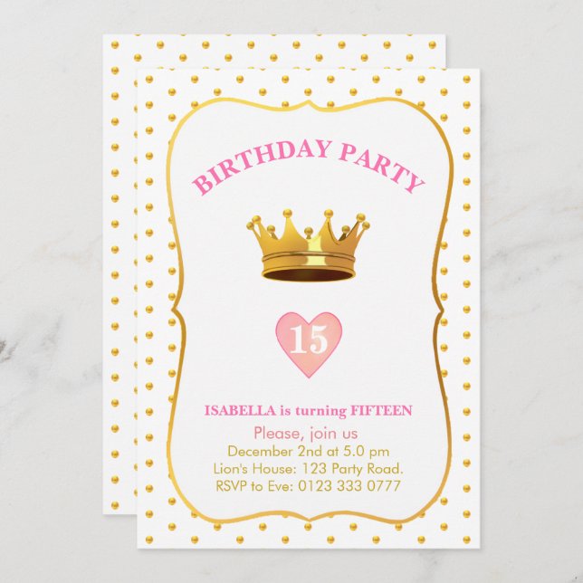 Invitation Crown and Gold Confetti 15e anniversaire (Devant / Derrière)