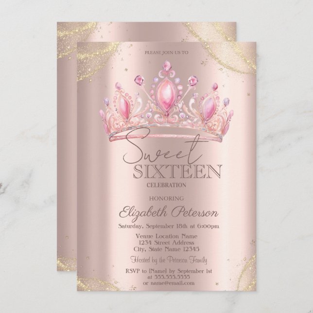 Invitation  Crown Gold Glitter Corners Rose Gold Sweet 16   (Devant / Derrière)