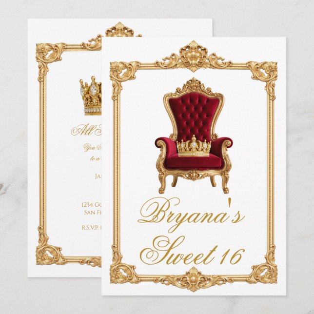 Invitation Crowned in Gold Royal Chair Birthday Party (Devant / Derrière)