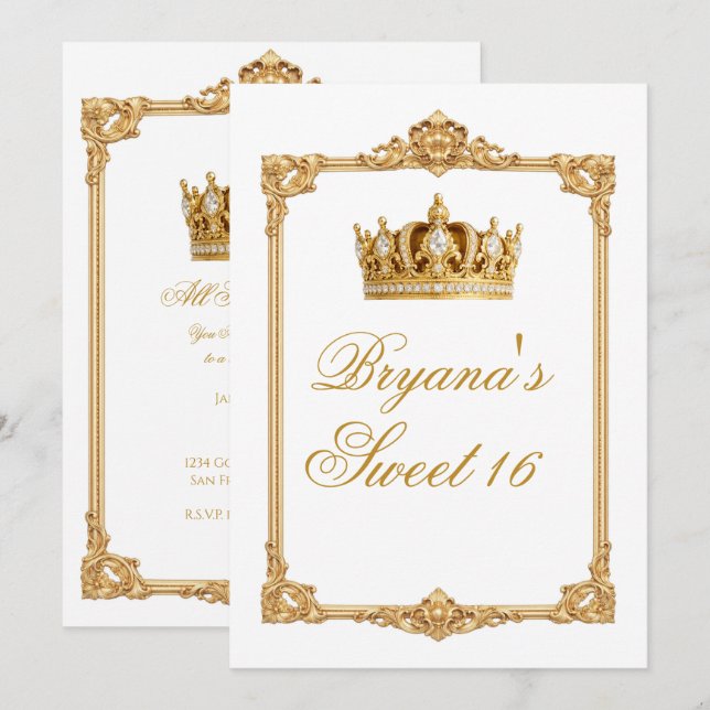 Invitation Crowned in Gold Royal Crown Birthday Party (Devant / Derrière)