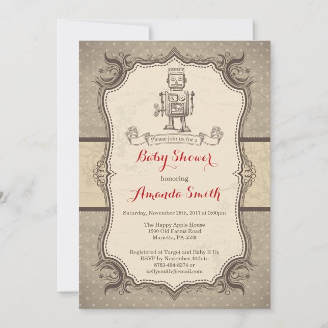 Invitation Cru d'invitation de baby shower de robot rétro (Devant)