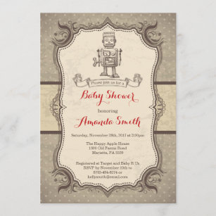 Invitation Cru d'invitation de baby shower de robot rétro