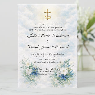 Invitation Crucifix doré catholique sur fond floral bleu et b