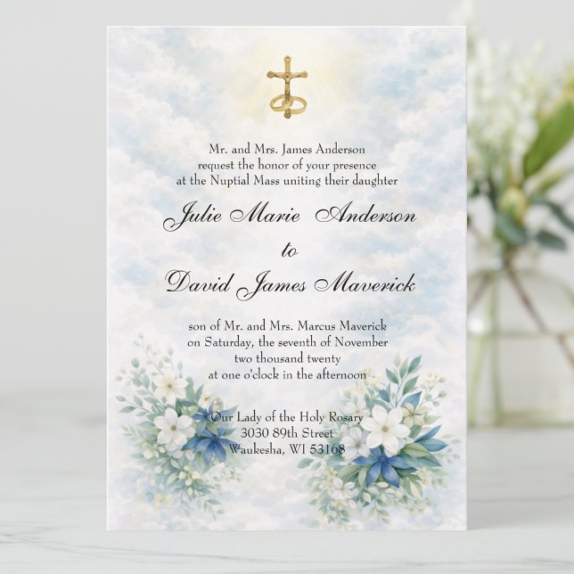 Invitation Crucifix doré catholique sur fond floral bleu et b (Créateur téléchargé)