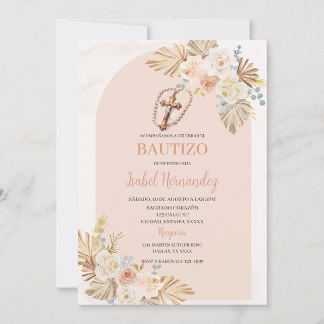 Invitation crucifix floral Boho Bautizo espagnol (Devant)