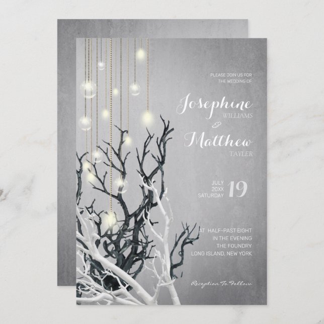 Invitation Crystal Light String White Branch Grey Mariage (Devant / Derrière)