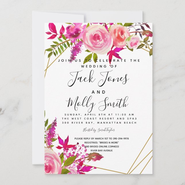 Invitation Crystal Pink Peach Roses Watercolor wedding invite (Devant)