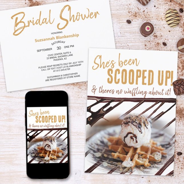 Invitation Cuillère de glace sur une crêpe de mariage  (Grab attention with a fun bridal shower invitation cover of a scoop of ice cream on a waffle. )