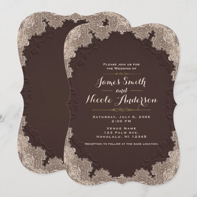 Invitation Cuir Brun Suédé Mariage Occidental Dentelle Vintag (Devant / Derrière)