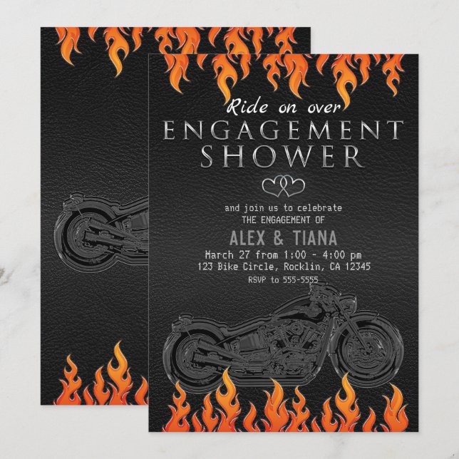 Invitation Cuir noir flammes orange engagement moto (Devant / Derrière)