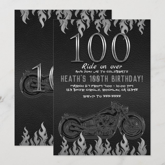 Invitation Cuir noir moto argent 100TH 100e anniversaire (Devant / Derrière)