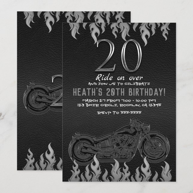 Invitation Cuir noir moto argent 20e 20 anniversaire (Devant / Derrière)