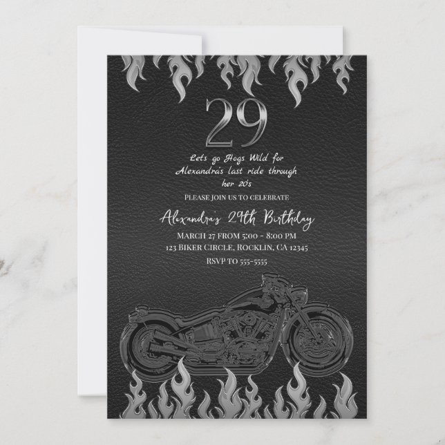 Invitation Cuir Noir Moto Argent 29e Anniversaire (Devant)