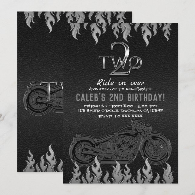 Invitation Cuir Noir Moto Argent 2 DEUX 2ème Anniversaire (Devant / Derrière)