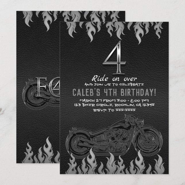Invitation Cuir Noir Moto Argent 4 4ème Anniversaire (Devant / Derrière)