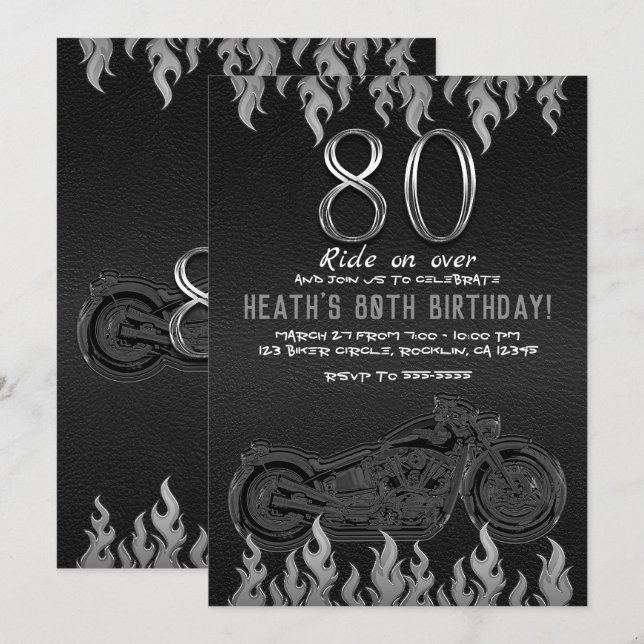 Invitation Cuir Noir Moto Argent 80TH 80 Anniversaire (Devant / Derrière)