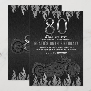 Invitation Cuir Noir Moto Argent 80TH 80 Anniversaire