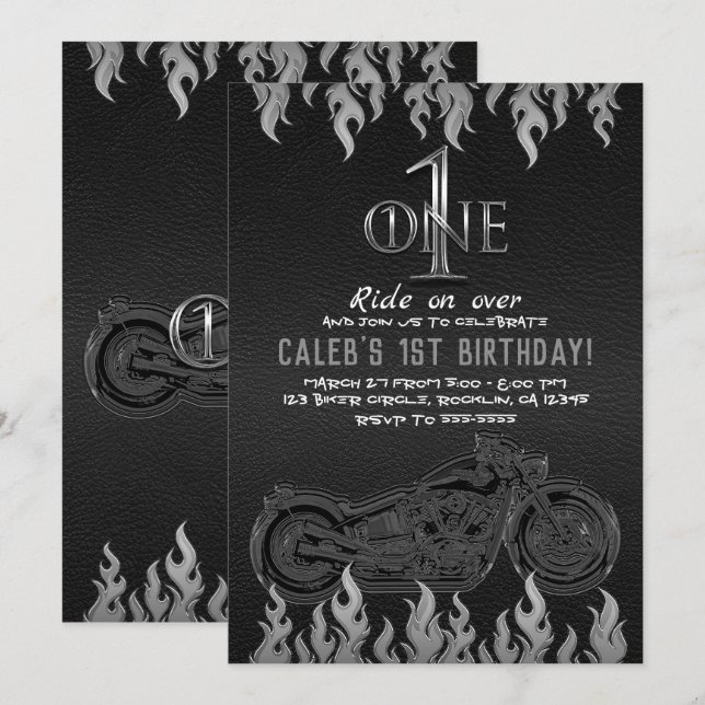 Invitation Cuir noir moto argentée 1 UN 1er anniversaire (Devant / Derrière)