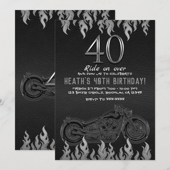 Invitation Cuir noir moto argentée 40e 40 Anniversaire (Devant / Derrière)