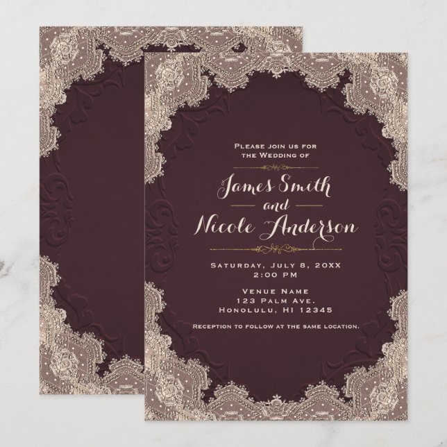 Invitation Cuir Vieilli Suède Brun Rouge Mariage à Dentelle (Devant / Derrière)